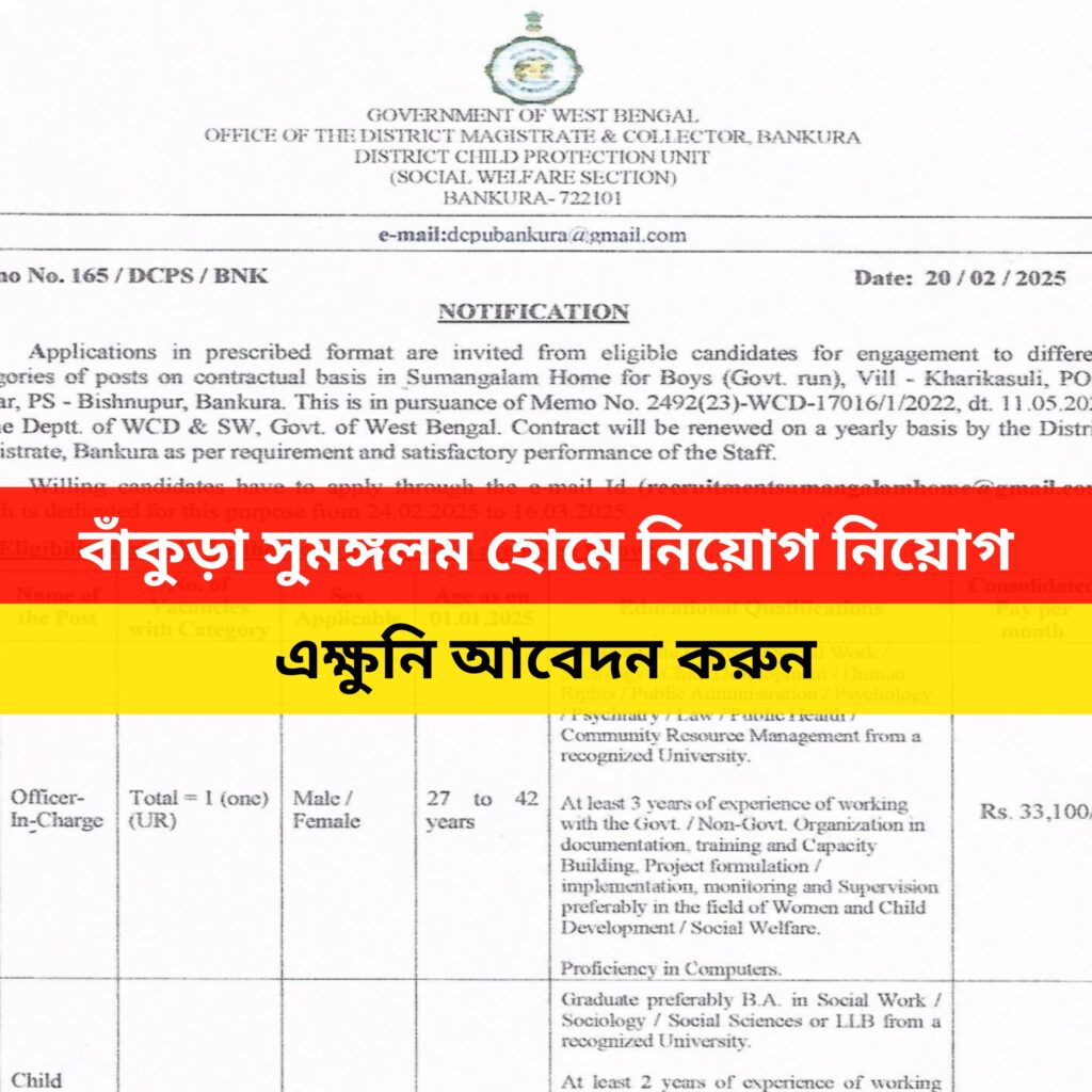 বাঁকুড়া সুমঙ্গলম হোমে নিয়োগ 2025
